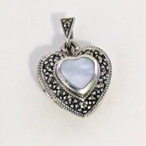Vintage MA 925 Sterling Silver Marcasite MOP Heart Locket